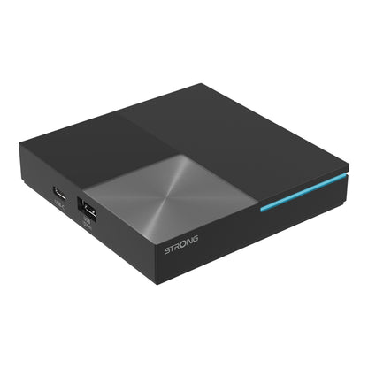 STRONG LEAP-S3 PRO Google TV-boks, sort, firkantet, metalliske detaljer, 2 USB-porte, blå LED-frontlys, Android 12, 4K Ultra HD.