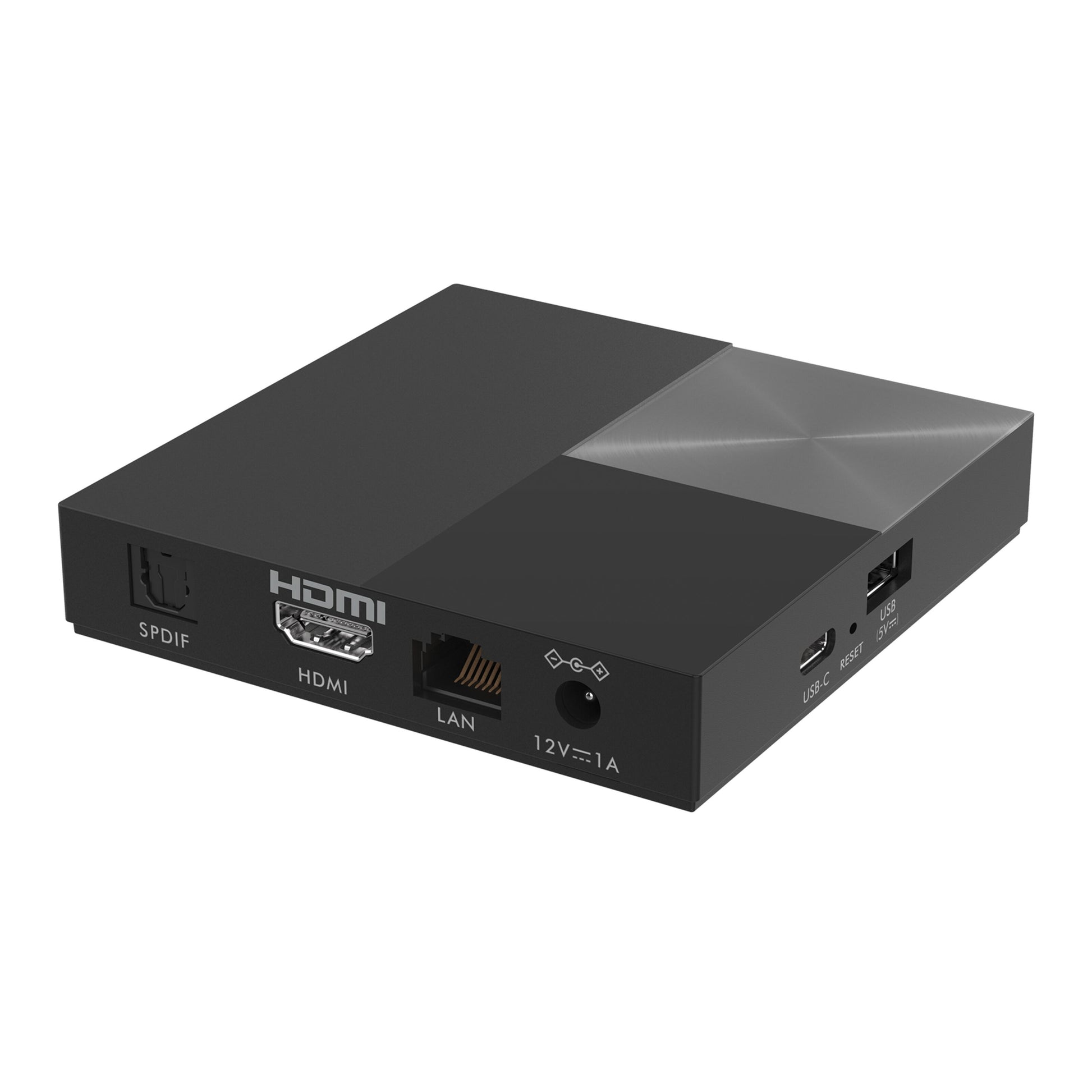 Strong LEAP-S3 PRO Google TV-boks sort, geometrisk top, HDMI, SPDIF, LAN, USB porte bagpå, Android 12, 4K Ultra HD.