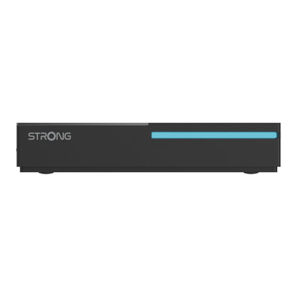 Strong LEAP-S3 PRO Google TV-boks sort rektangulær med Android 12, logo venstre front, blå LED-stribe højre, 4K Ultra HD.