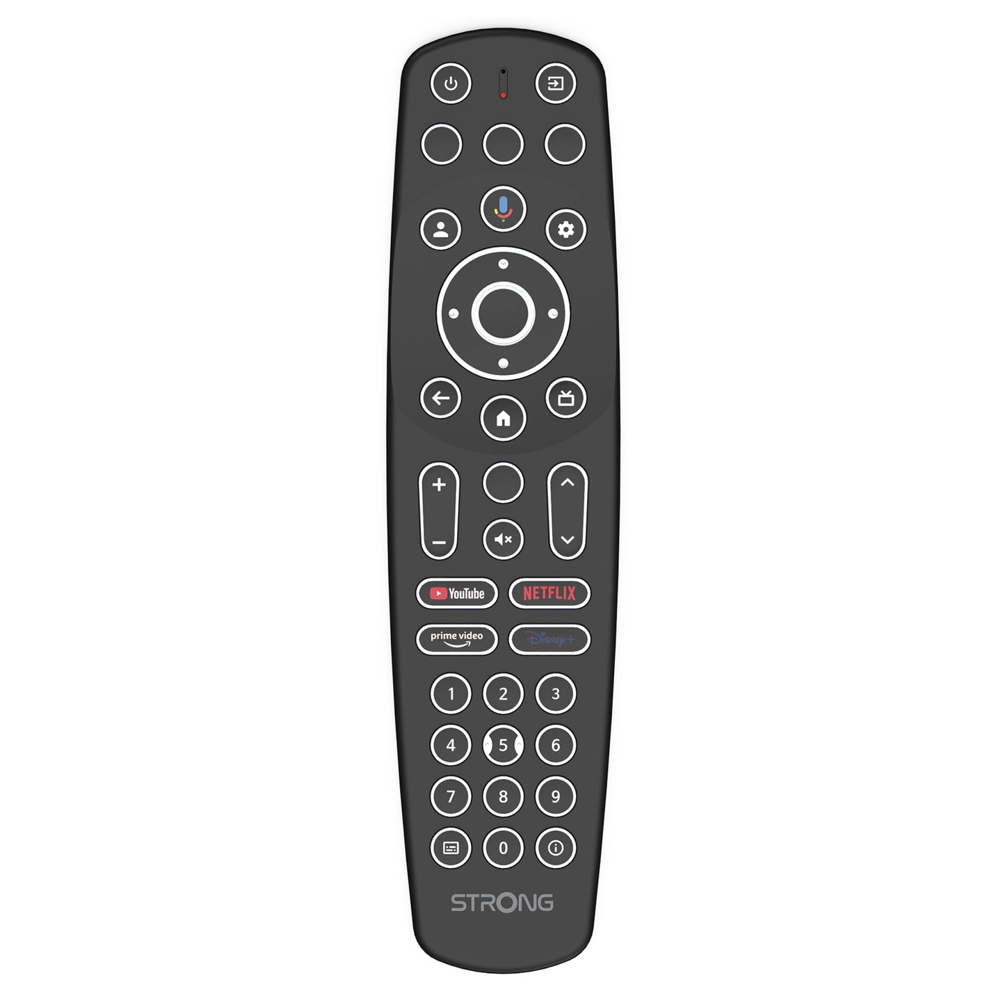 Stærk fjernbetjening LEAP-S3 PRO sorterer til Google TV-boks Android 12 med 4K, cirkulær pad og streamingknapper.