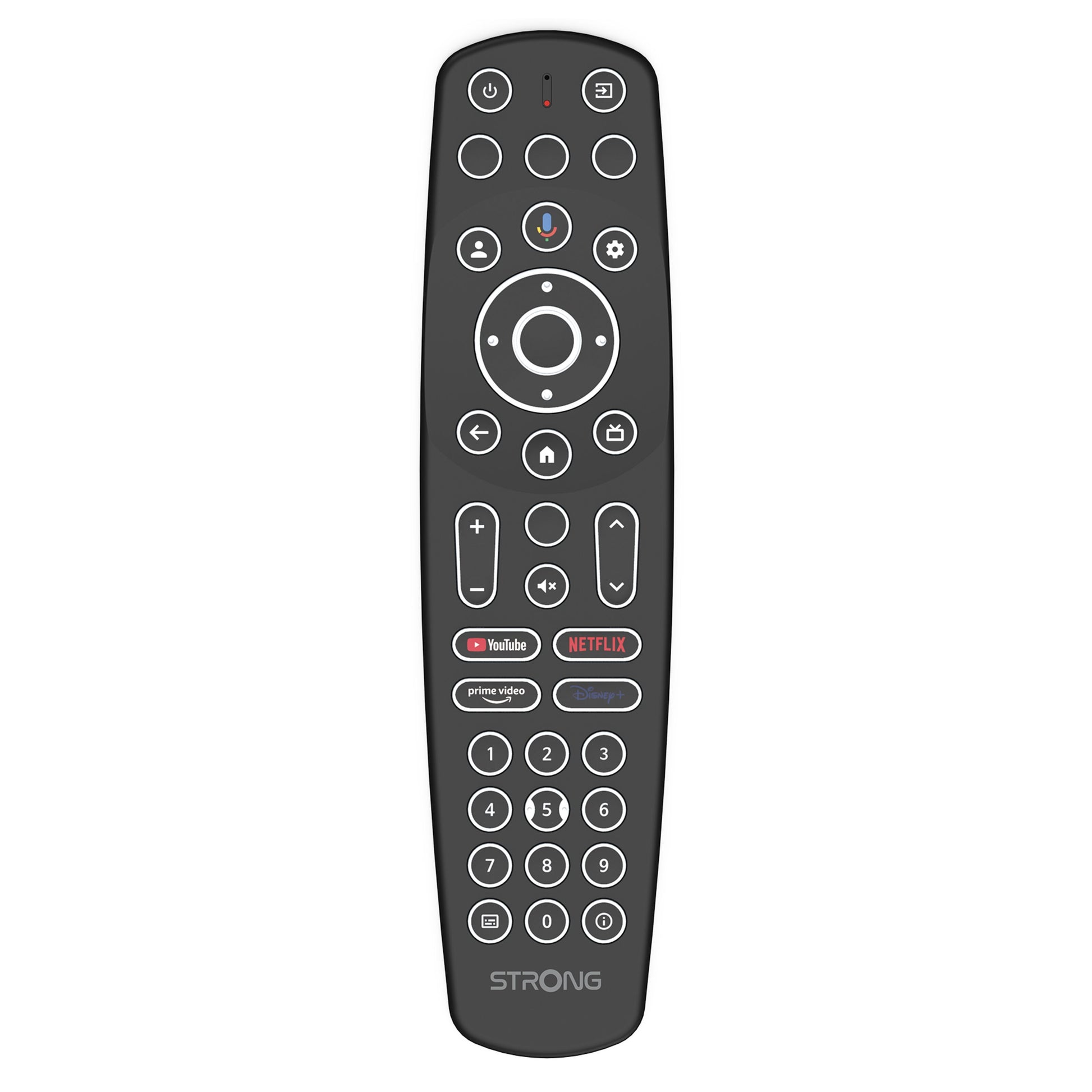 Stærk fjernbetjening LEAP-S3 PRO sorterer til Google TV-boks Android 12 med 4K, cirkulær pad og streamingknapper.
