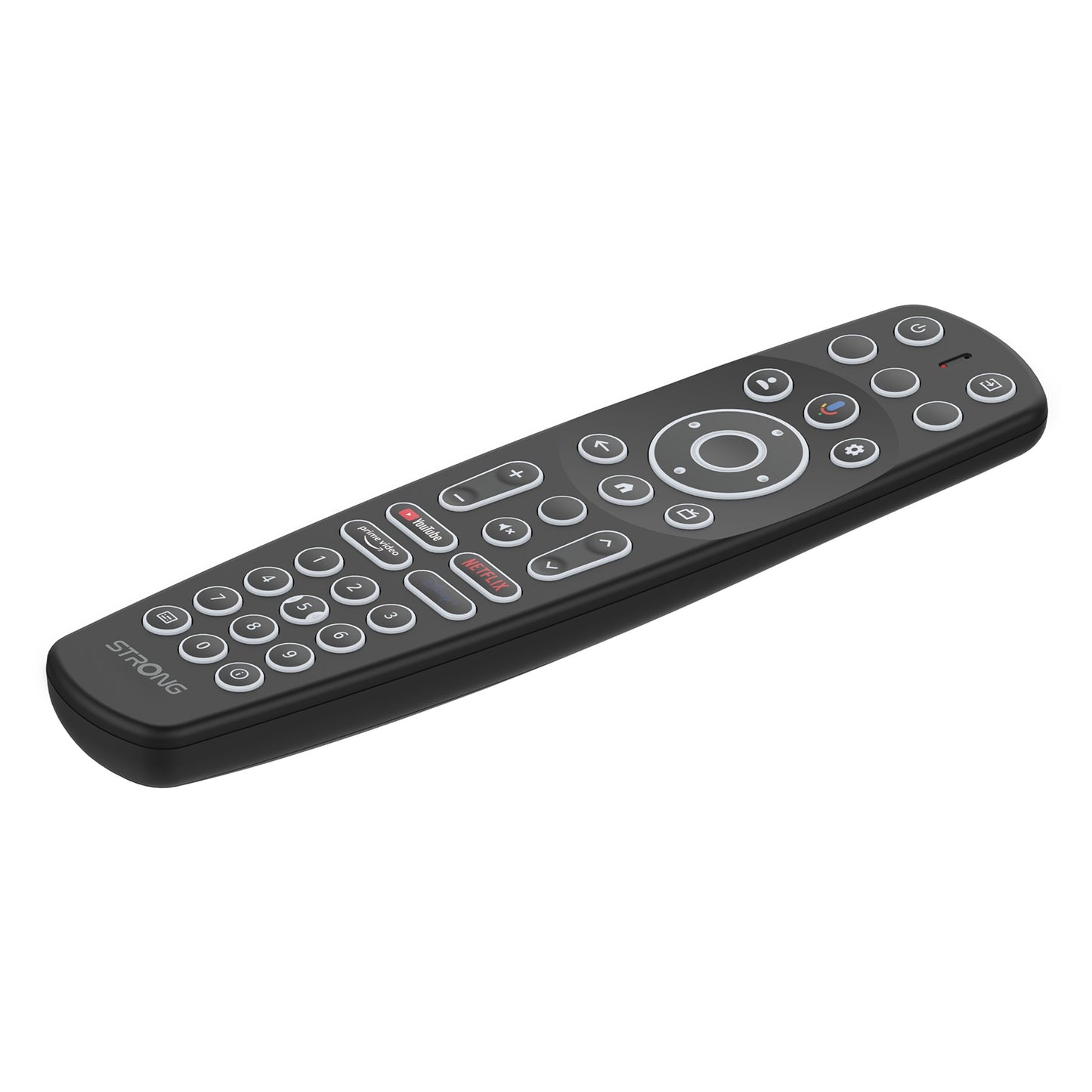 Stærk universel fjernbetjening sorteret med grå og røde knapper, passer til LEAP-S3 PRO Google TV-boks, Android 12.