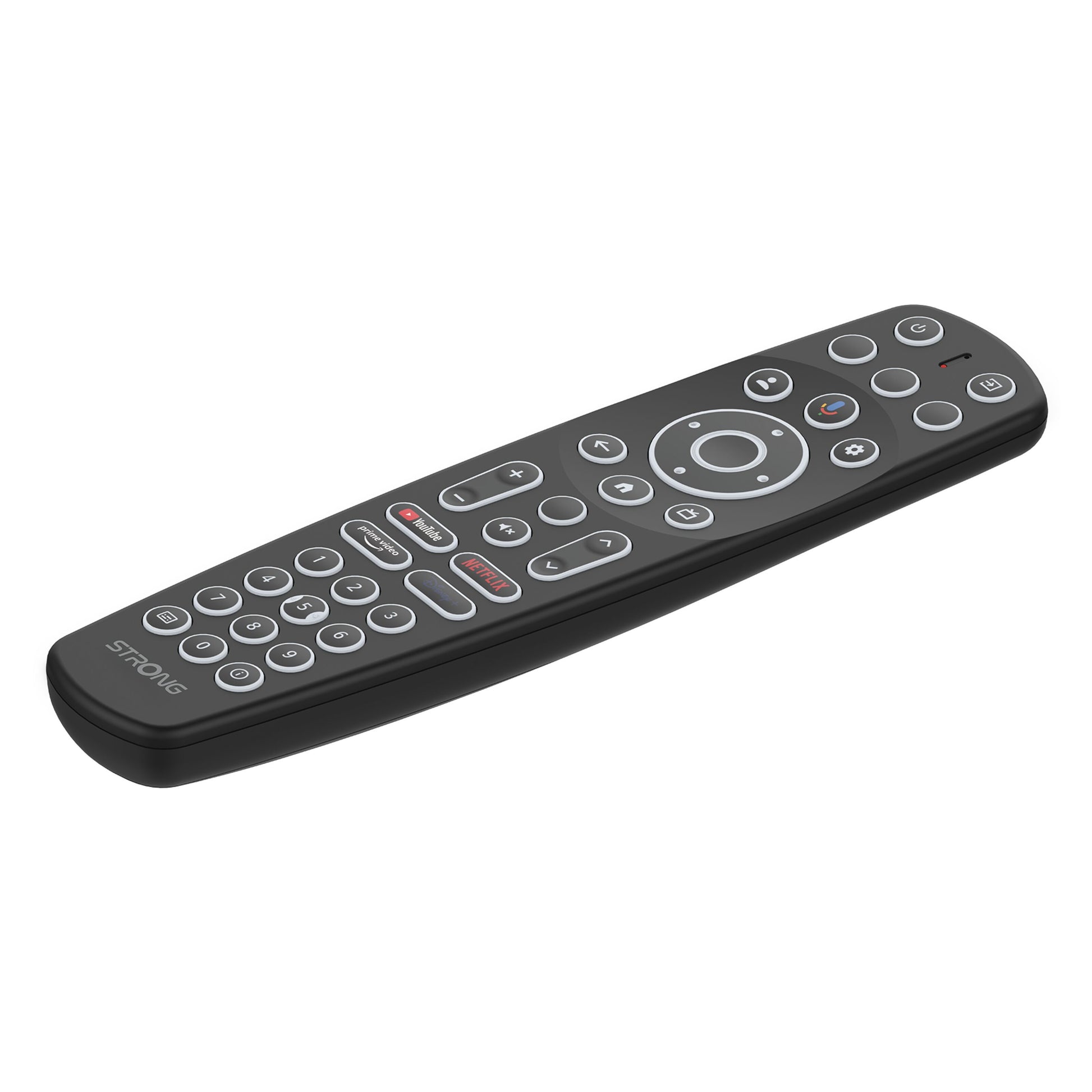 Stærk universel fjernbetjening sorteret med grå og røde knapper, passer til LEAP-S3 PRO Google TV-boks, Android 12.