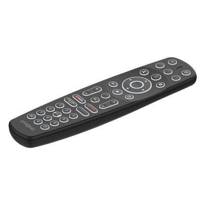 Stærk universel fjernbetjening sorteret med grå og røde knapper, passer til LEAP-S3 PRO Google TV-boks, Android 12.