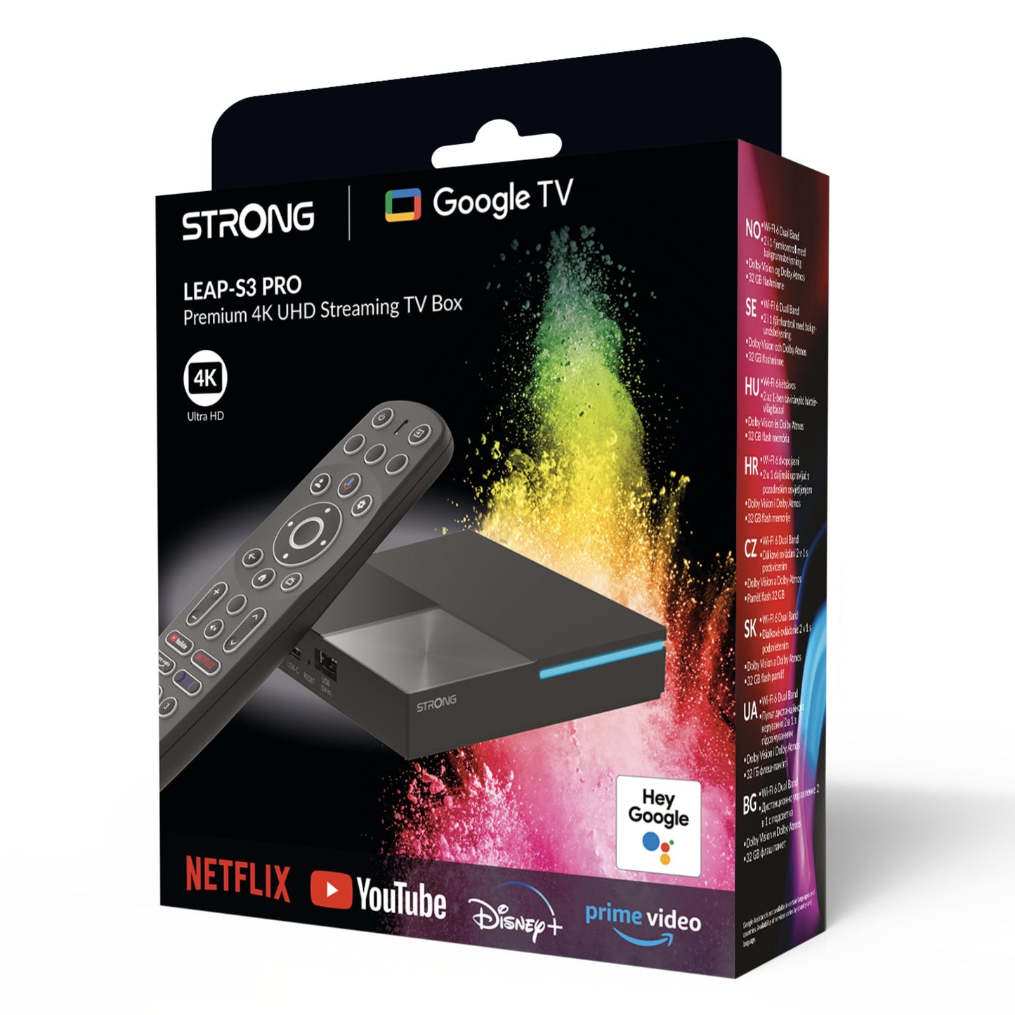 Strong LEAP-S3 PRO Google TV-boks, 4K Ultra HD, Android 12, understøtter Netflix, YouTube, Disney+ og Prime Video.