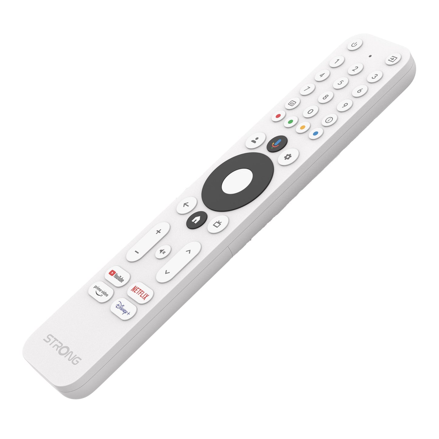 Stærk fjernbetjening til Google TV med strøm-, lydstyrke- og navigationsknapper, genveje til YouTube, Netflix, Prime Video, Disney+.
