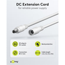 DC-forlængerledning 5,5x2,1 mm 3 m hvid med han- og hunstik, bøjlebeskyttelse til 12V strøm, fås i flere længder.