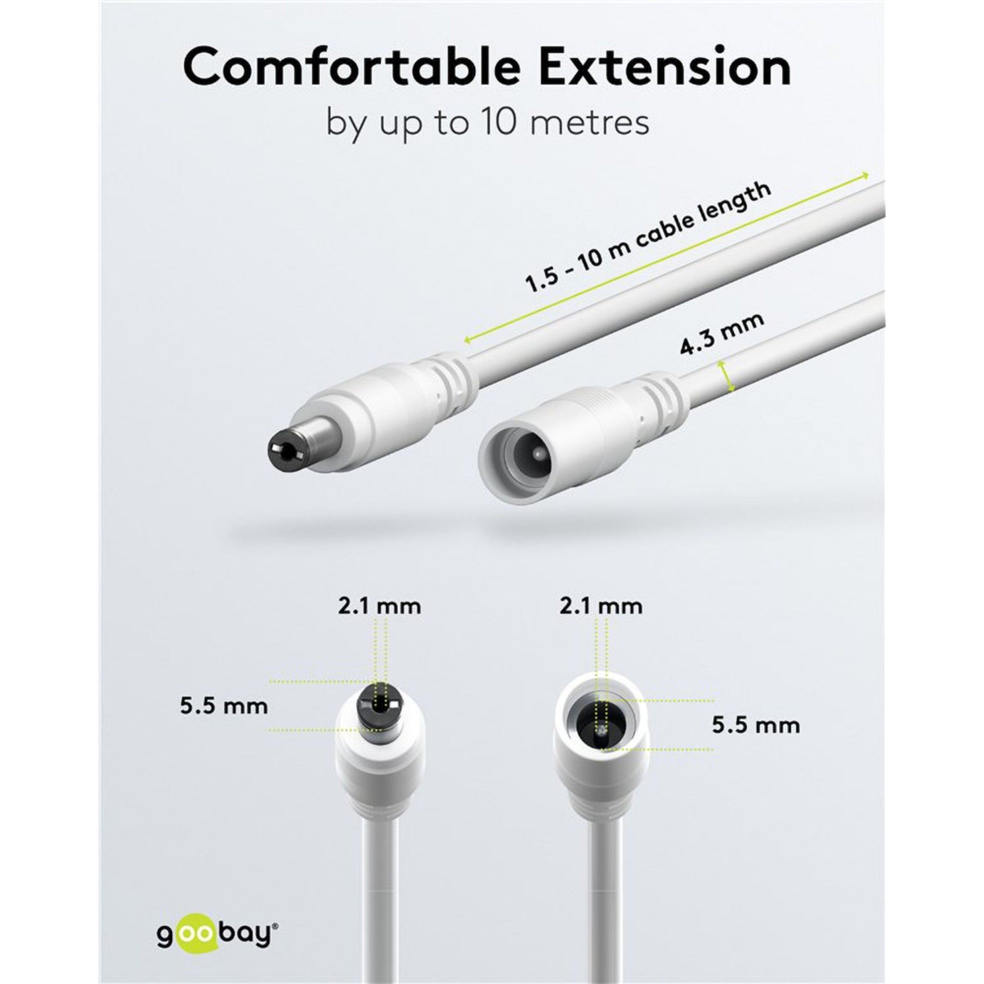 Goobay DC-forlængerledning hvid 5,5x2,1 mm rund stik 3 m til 12V strømforsyning Goobay-logo nederst.