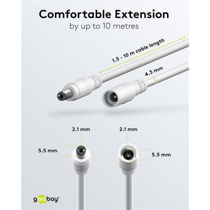 Goobay DC-forlængerledning hvid 5,5x2,1 mm rund stik 3 m til 12V strømforsyning Goobay-logo nederst.