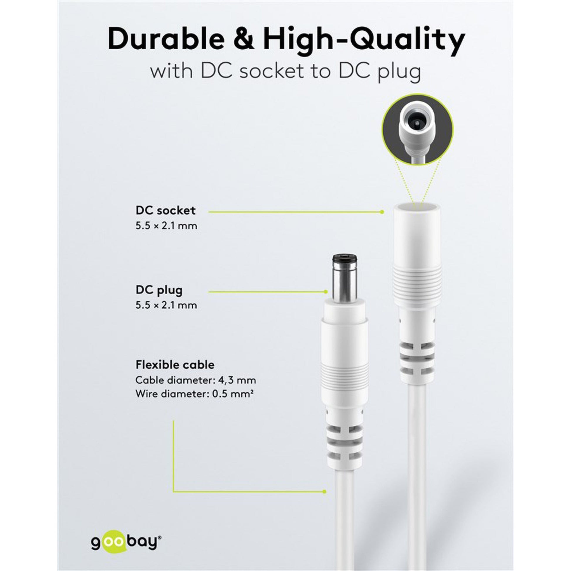 Goobay DC-forlængerledning 5,5x2,1 mm 3 m hvid med DC stik og hunstik, 4,3 mm kabeldiameter og 0,5 mm² ledning.