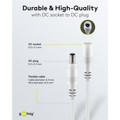 Goobay DC-forlængerledning 5,5x2,1 mm 3 m hvid med DC stik og hunstik, 4,3 mm kabeldiameter og 0,5 mm² ledning.