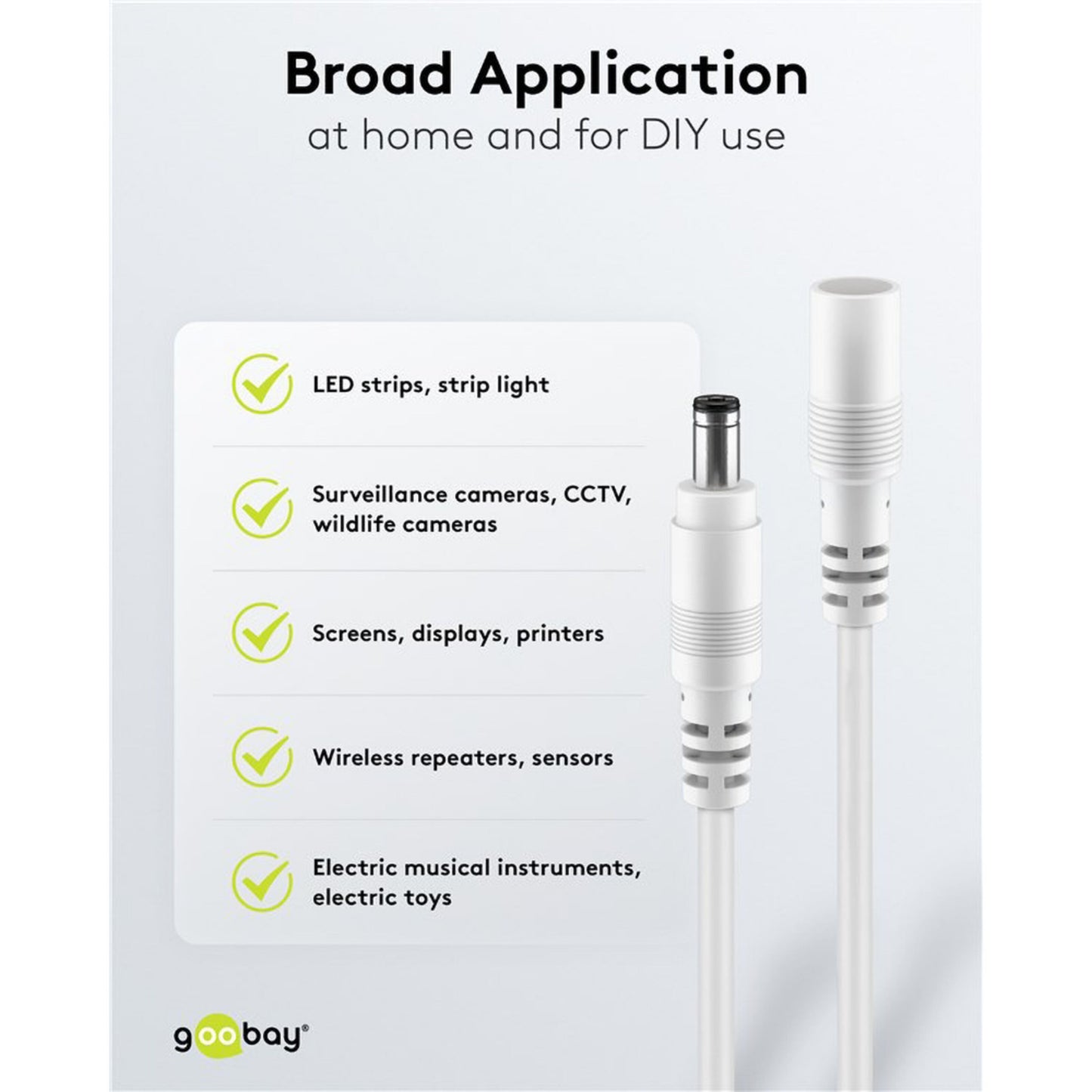 Goobay DC-forlængerledning 5,5x2,1 mm 3 m hvid til LED-strips, overvågningskameraer, skærme og el-instrumenter.