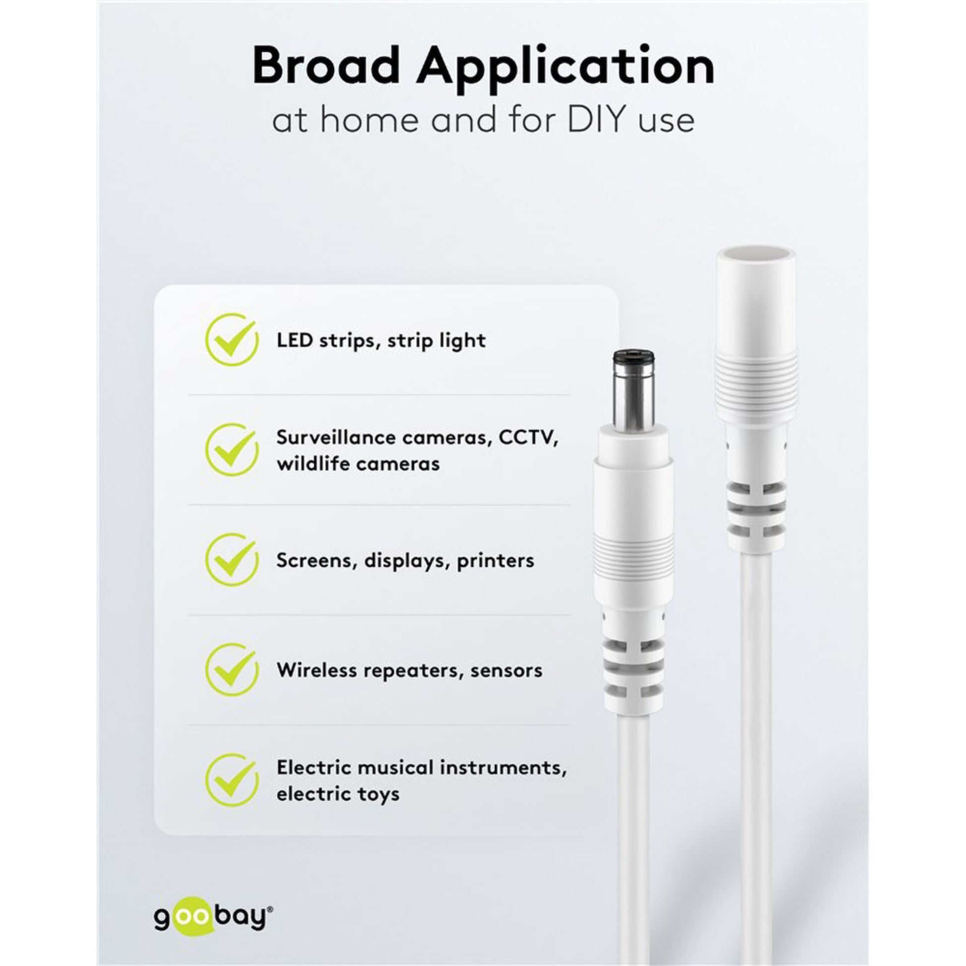 Goobay DC-forlængerledning 5,5x2,1 mm 3 m hvid til LED-strips, overvågningskameraer, skærme og el-instrumenter.