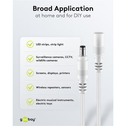 Goobay DC-forlængerledning 5,5x2,1 mm 3 m hvid til LED-strips, overvågningskameraer, skærme og el-instrumenter.