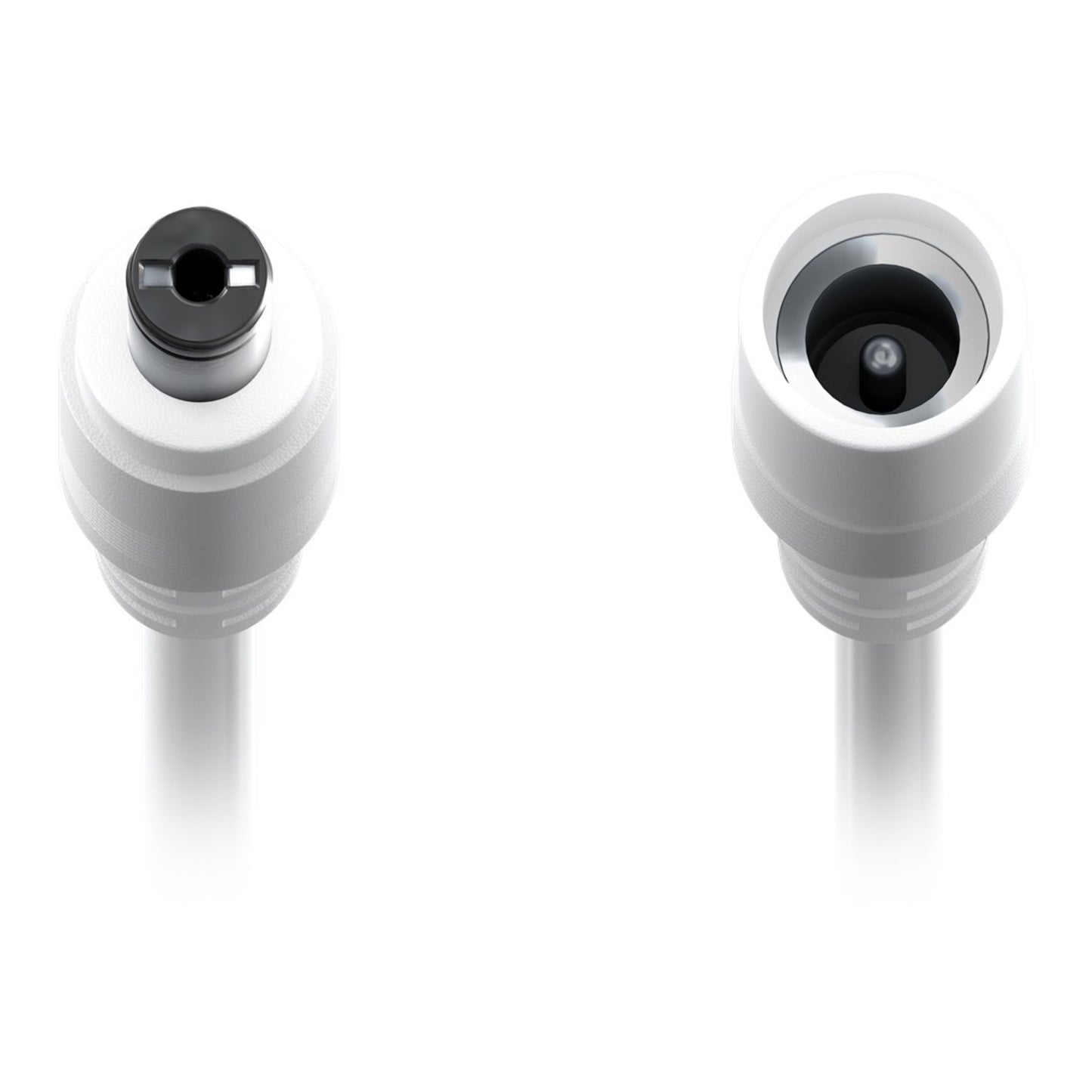 DC-forlængerledning 5,5x2,1 mm 3 m hvid med hun- og hanstik vises oppefra, ét med centerpin, ét med hul center.