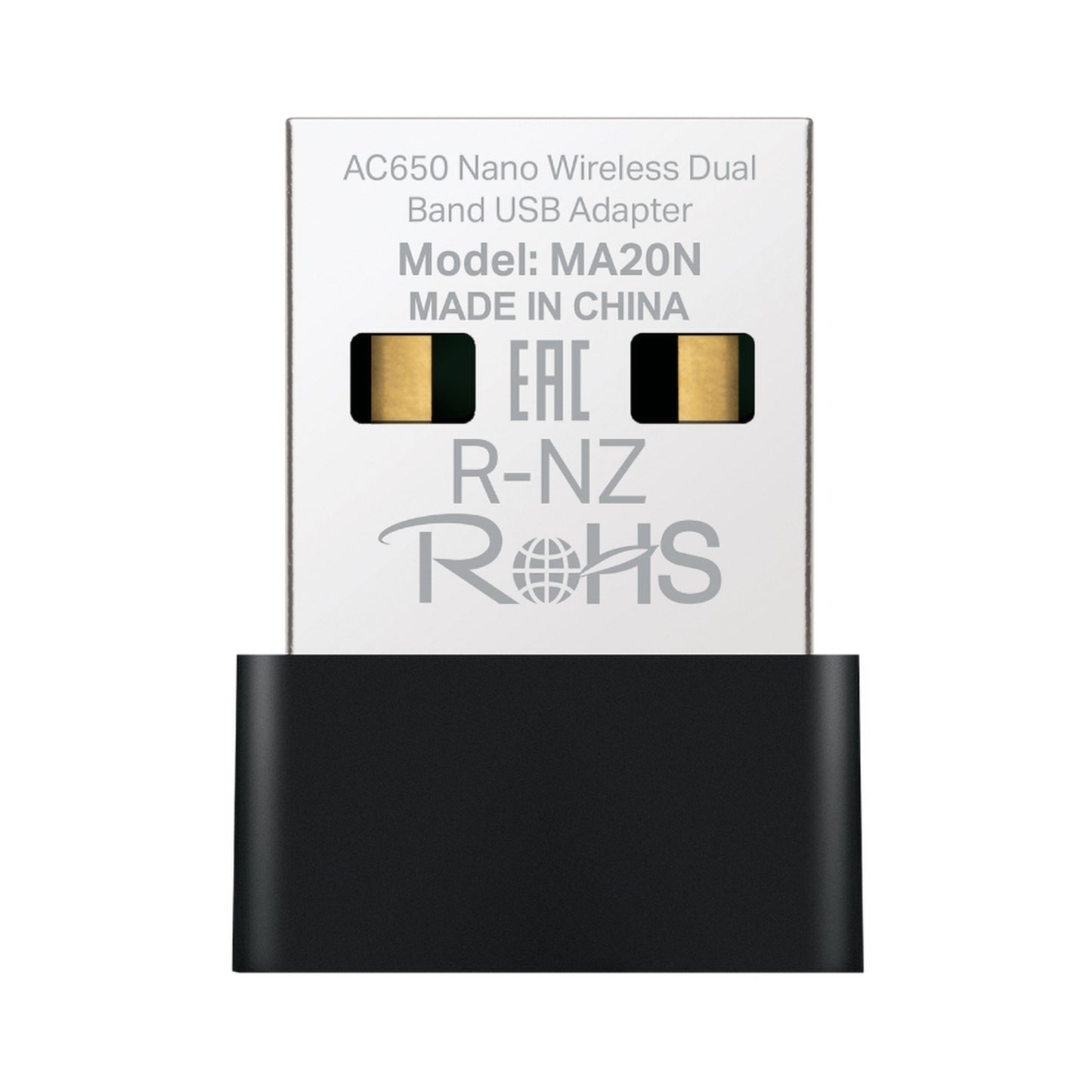 Mercusys MA20N AC650 USB-netværksadapter, metallisk top med certificeringsmærker og tekst, sort plastbundt.