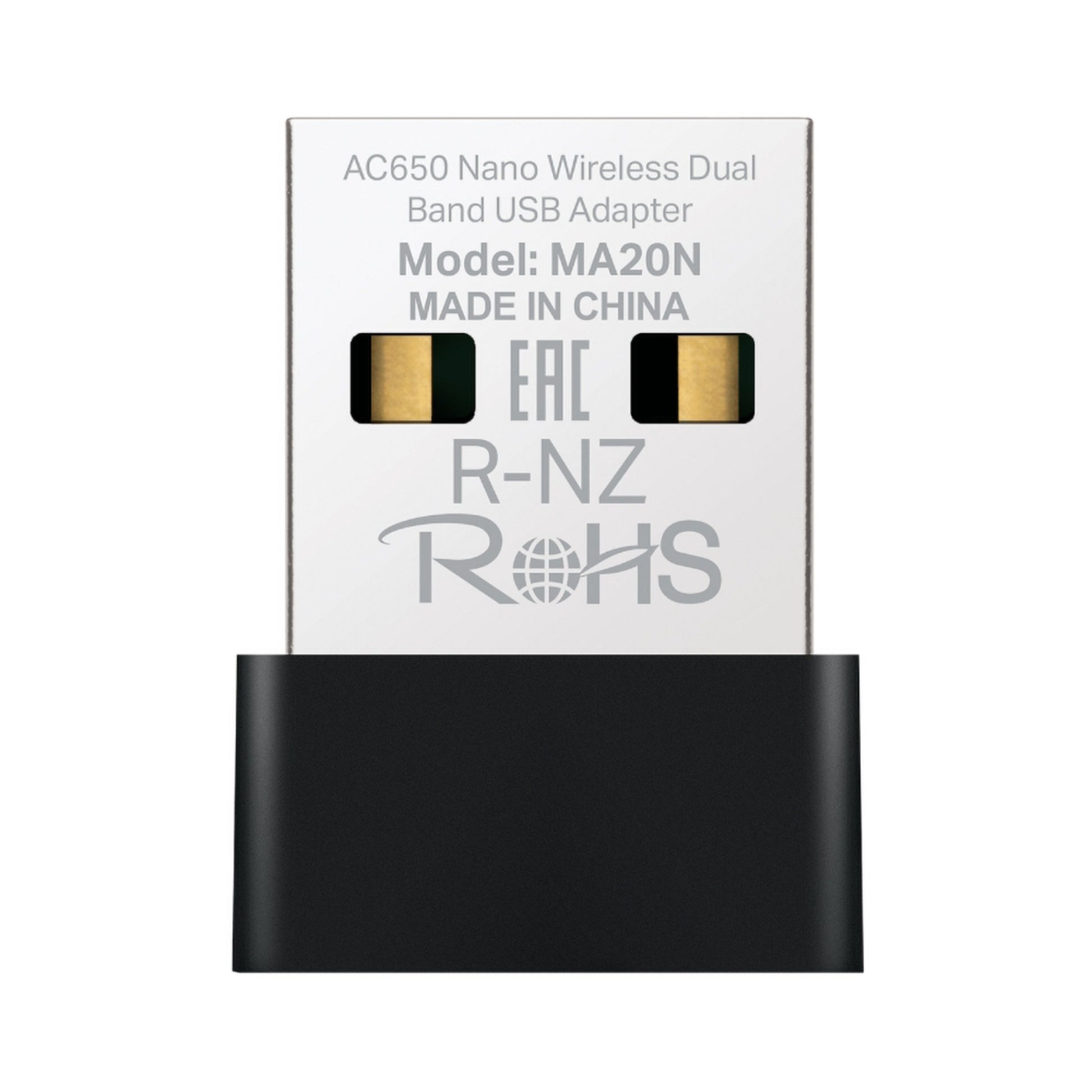 Mercusys MA20N AC650 USB-netværksadapter, metallisk top med certificeringsmærker og tekst, sort plastbundt.