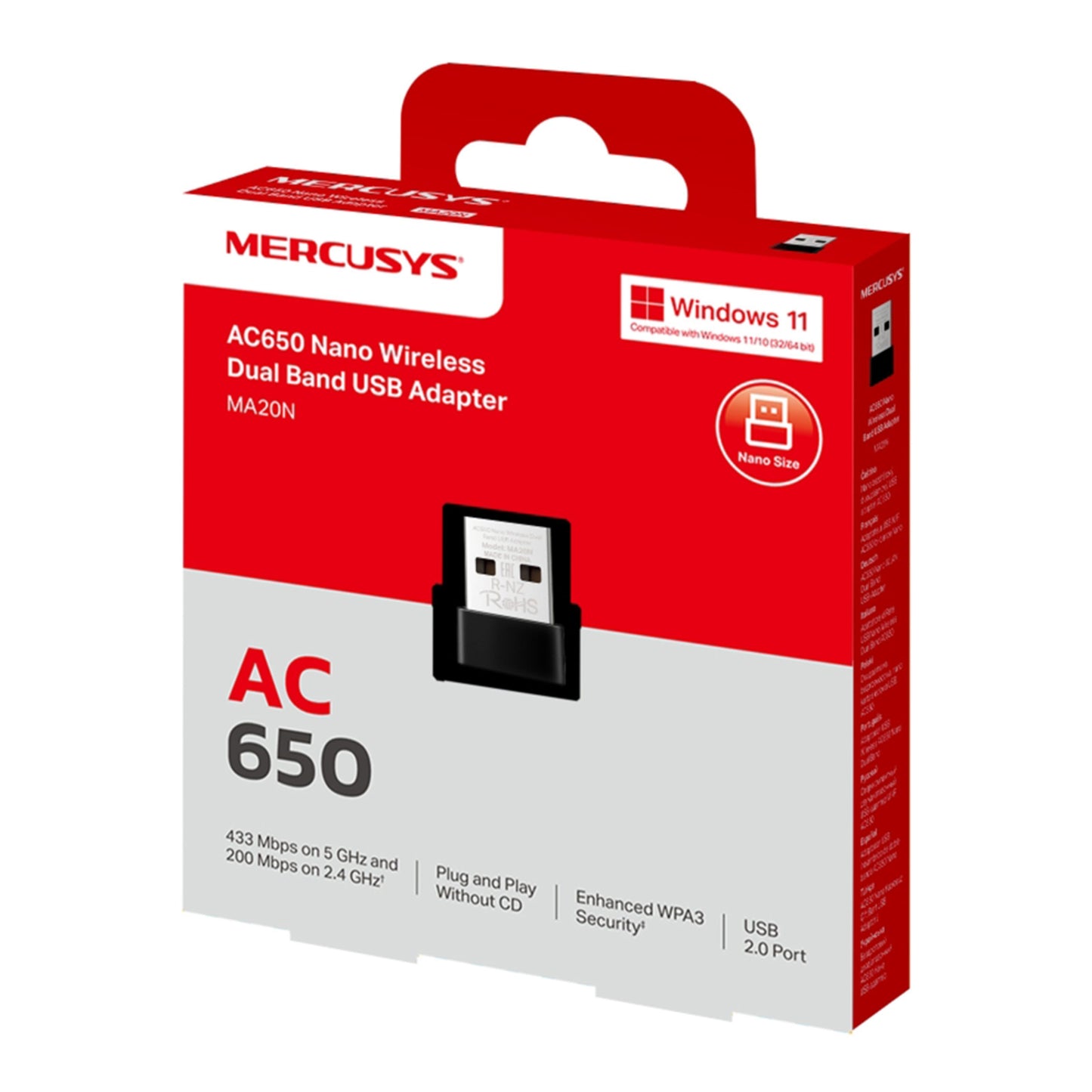 Mercusys MA20N AC650 USB-netværksadapter rød retail æske, Windows 11-kompatibel, adapterbillede og produktinfo på forsiden.