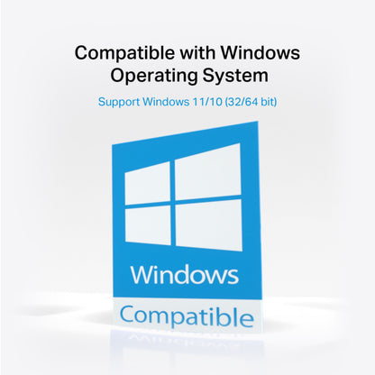 Windows-logo, tekst: Kompatibel med Windows OS, Understøtter Windows 11/10 (32/64 bit), Mercusys MA30N AC1300 USB-netværksadapter.