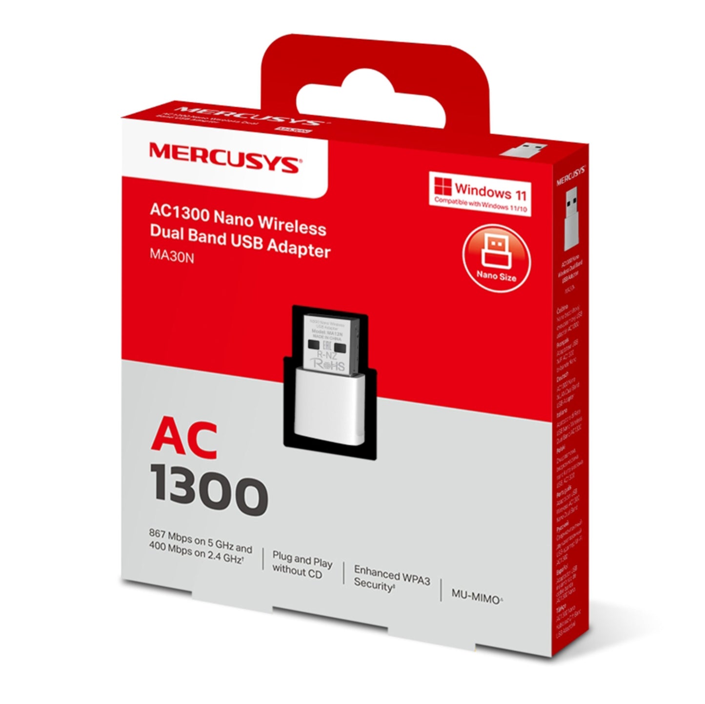 Mercusys MA30N AC1300 USB-netværksadapter i rød og hvid æske, nano-design, MU-MIMO, kompatibel med Windows 11.