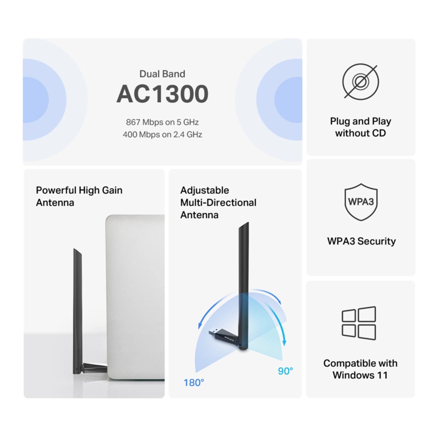 Mercusys MA30H AC1300 USB-netværksadapter, dual-band, 867 Mbps 5GHz, 400 Mbps 2.4GHz, justerbar antenne, WPA3, Win11.