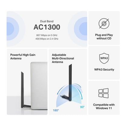 Mercusys MA30H AC1300 USB-netværksadapter, dual-band, 867 Mbps 5GHz, 400 Mbps 2.4GHz, justerbar antenne, WPA3, Win11.