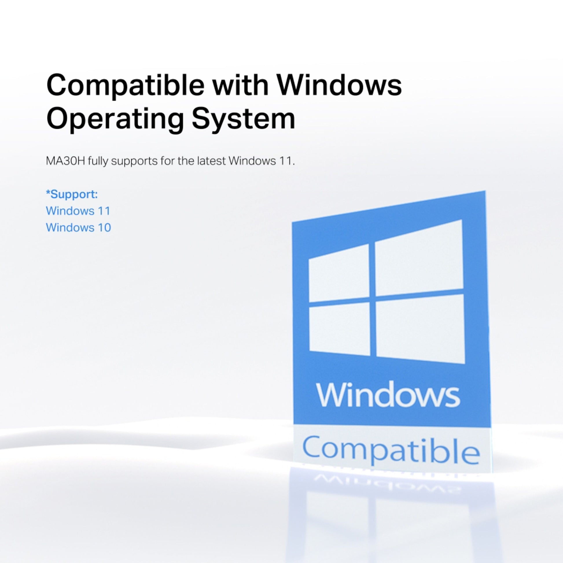 Mercusys MA30H AC1300 USB-netværksadapter, sort, Windows 11/10 support, synligt Windows-logo.