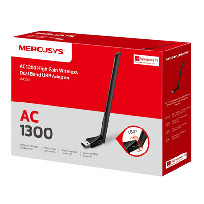 Mercusys MA30H AC1300 dual-band USB-netværksadapter med høj antenne, Windows 11 badge, features vist på siden af æsken.
