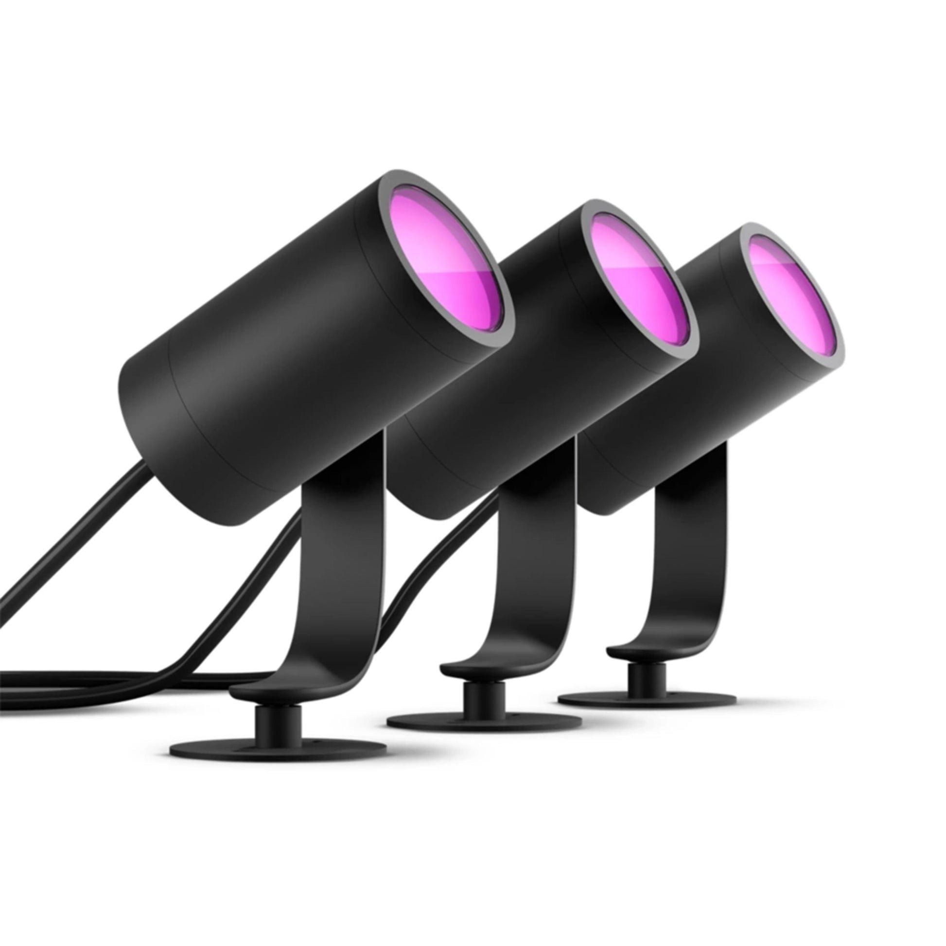 Philips Hue Lily spotlys udendørs, 3-pak, sort, buede stativer, pink linse vinklet opad, app-styret.