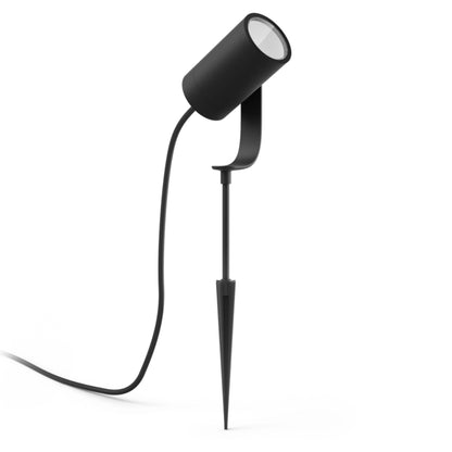 Philips Hue Lily spotlys 3-pak til udendørs brug, sort cylinderhoved på spyd med strømkabel bagpå.