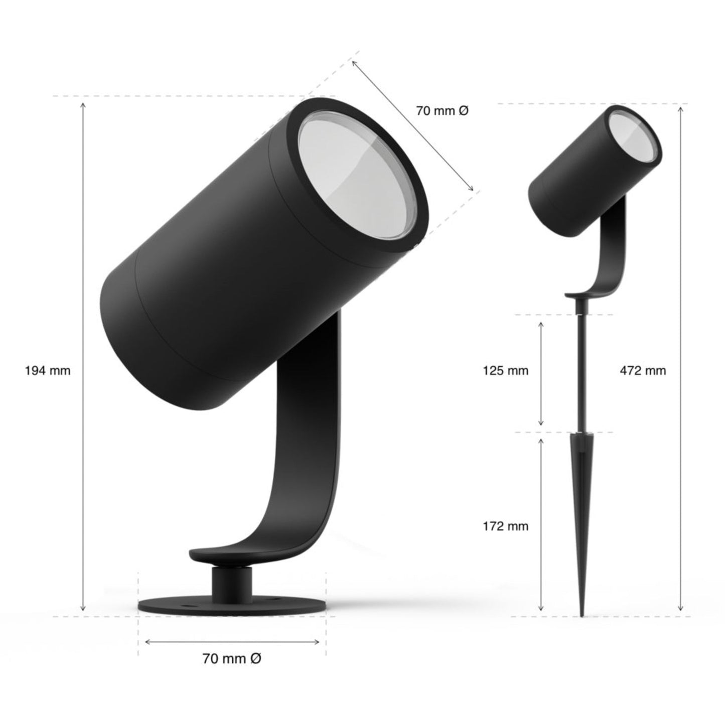Philips Hue Lily spotlys 3-pak udendørs, én rund base 194x70 mm, én jordspyd 472x70 mm, app-styret.