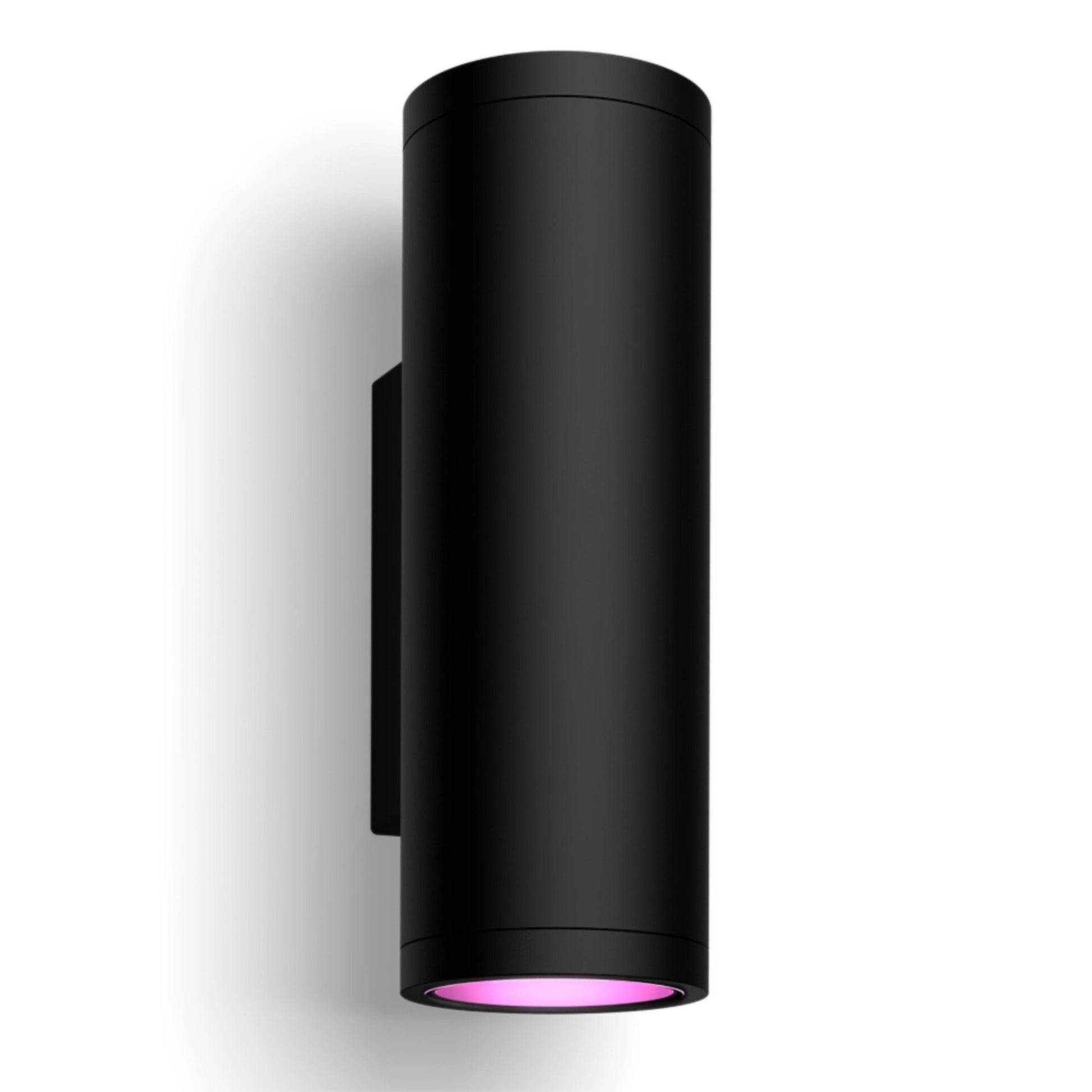 Philips Hue udendørs sort cylinderformet væglampe med pink lysudgang i bunden.