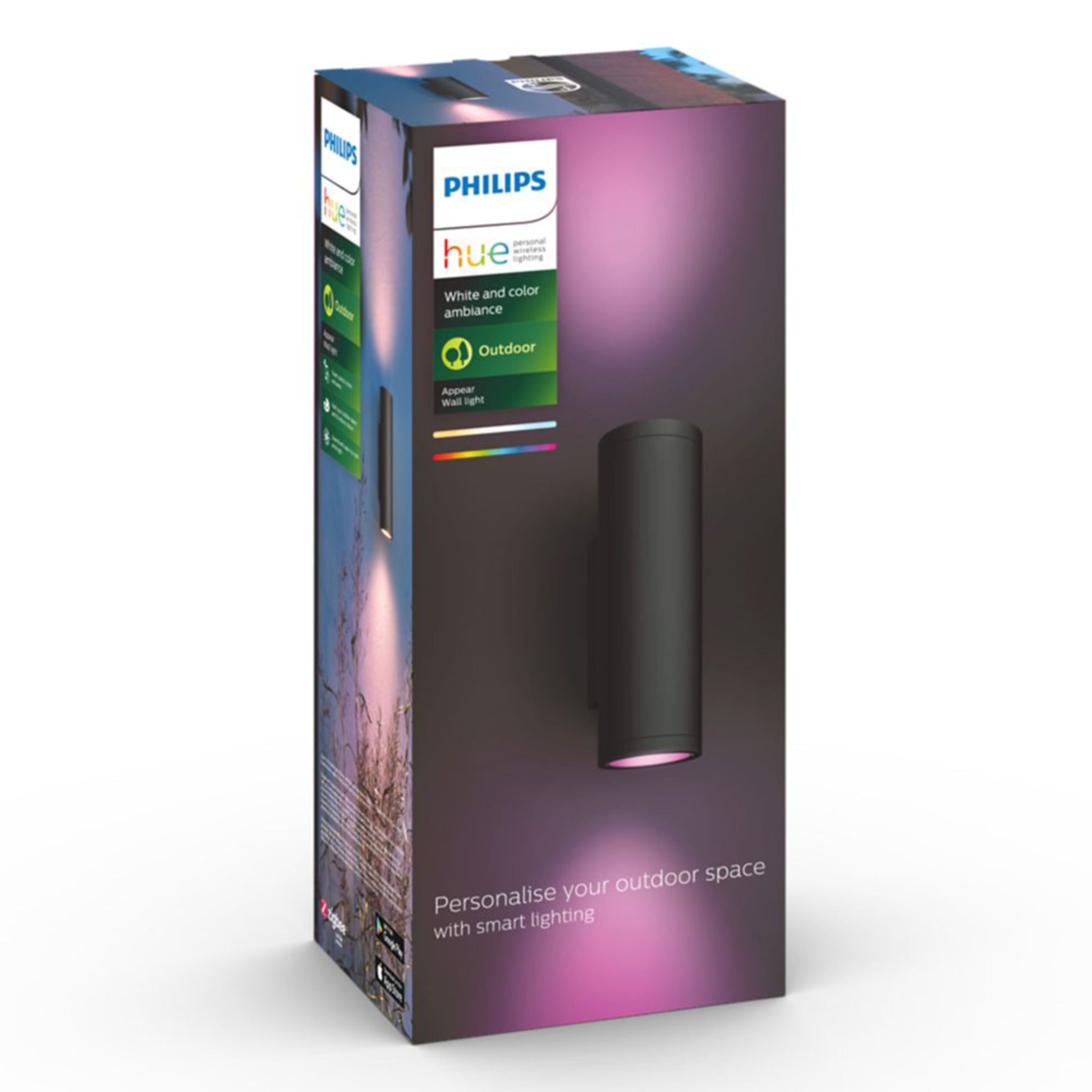 Philips Hue udendørs facadebelysning, sort cylinderformet smart lampe med White and color ambiance, vist på æske.