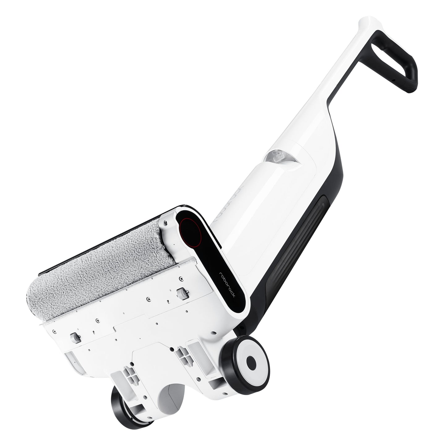 Roborock Flexi Lite stangstøvsuger i hvid og sort, lav vinkel, håndtag, twin hjul og tekstureret rullebørste ved base.