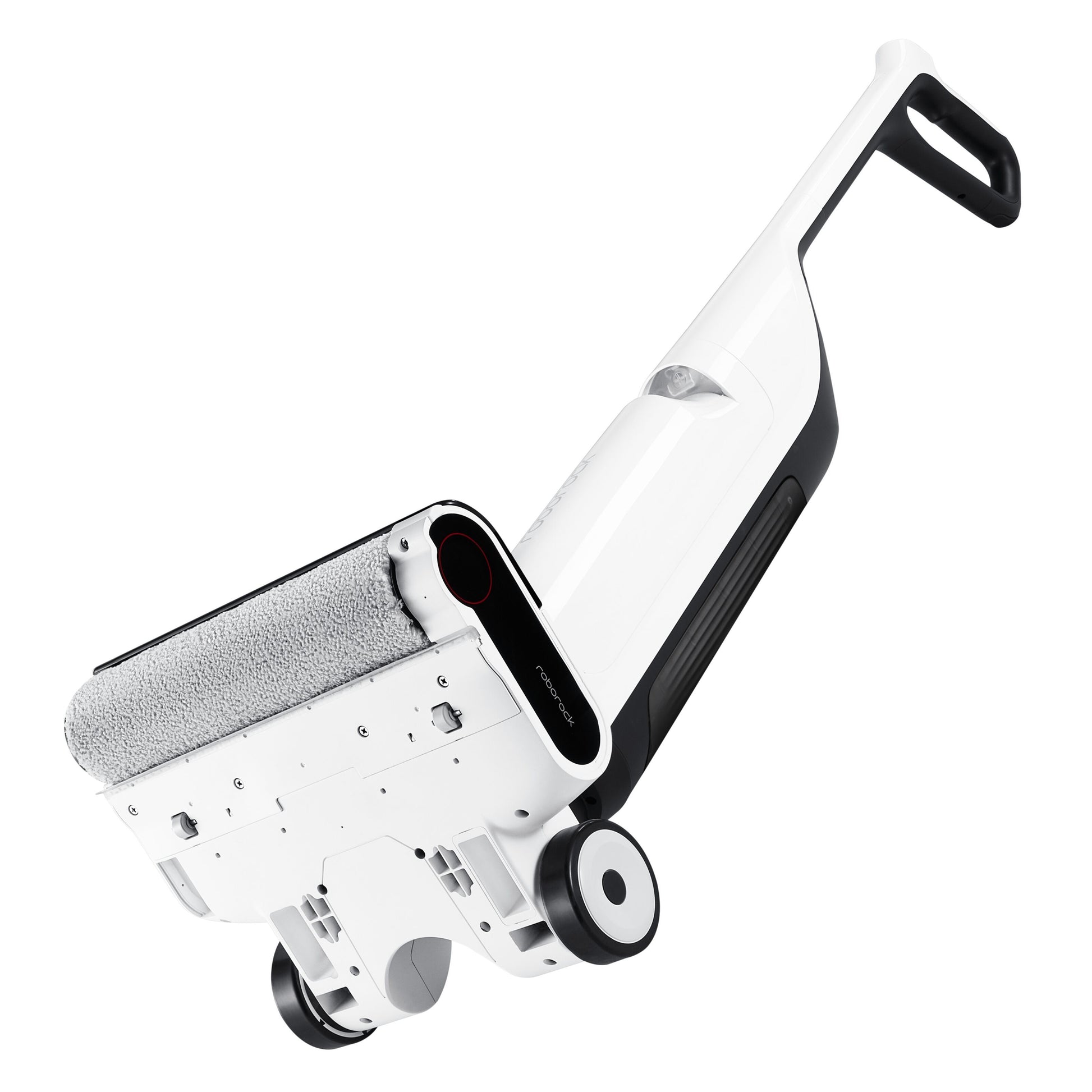 Roborock Flexi Lite stangstøvsuger i hvid og sort, lav vinkel, håndtag, twin hjul og tekstureret rullebørste ved base.