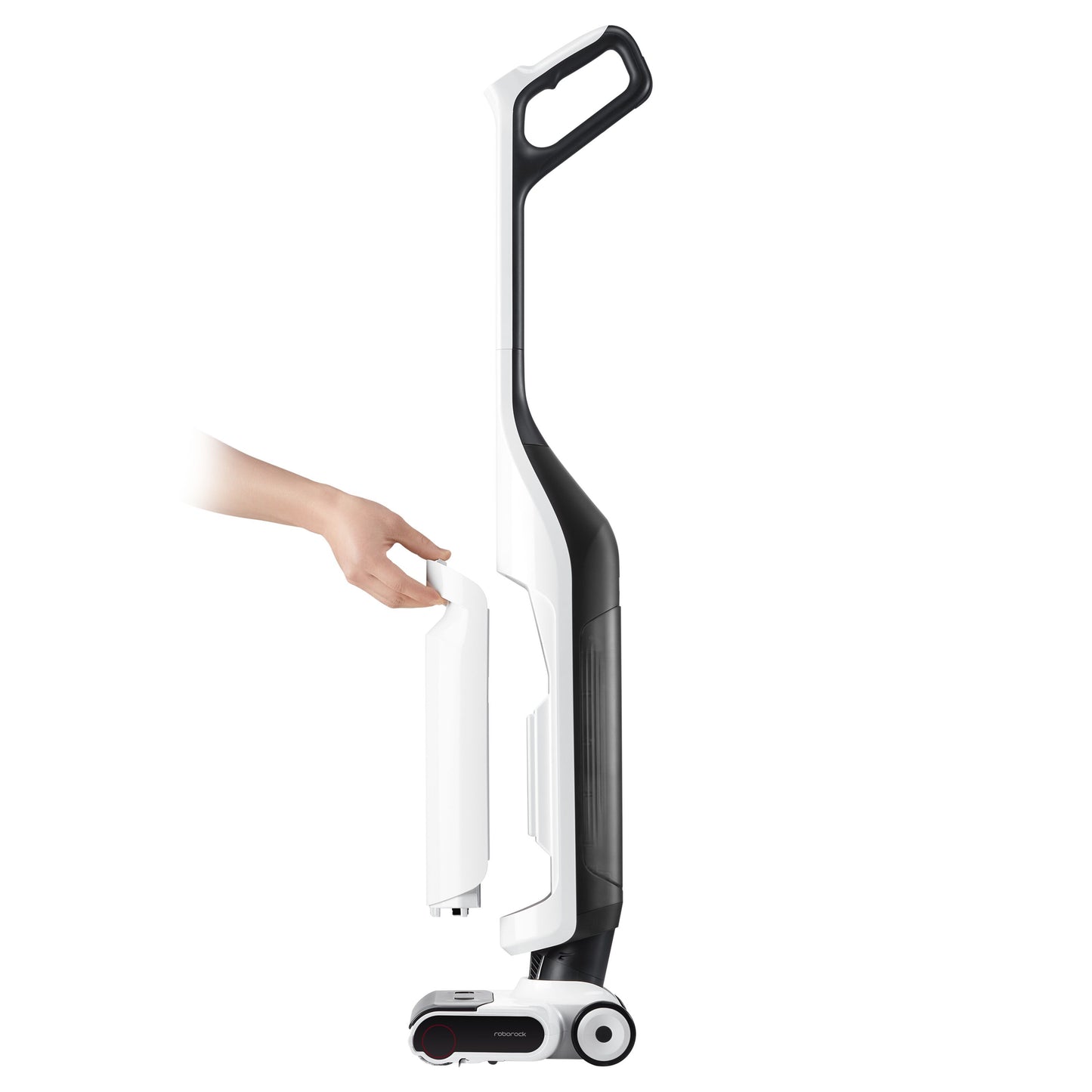 Roborock Flexi Lite stangstøvsuger sort/hvid, hånd fjerner hvid vandtank, ses fra siden.