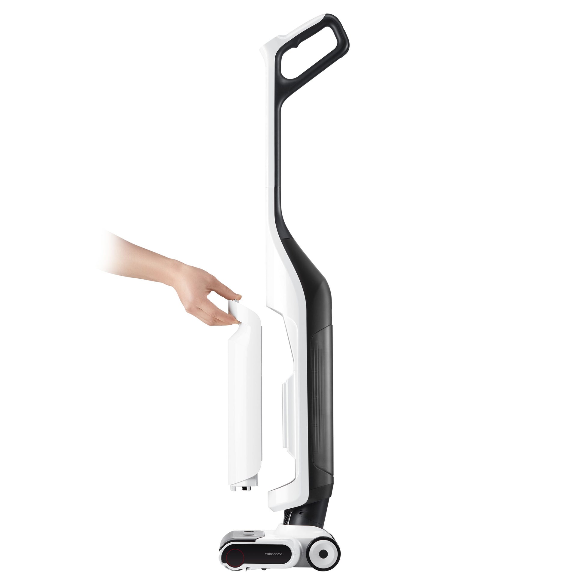 Roborock Flexi Lite stangstøvsuger sort/hvid, hånd fjerner hvid vandtank, ses fra siden.