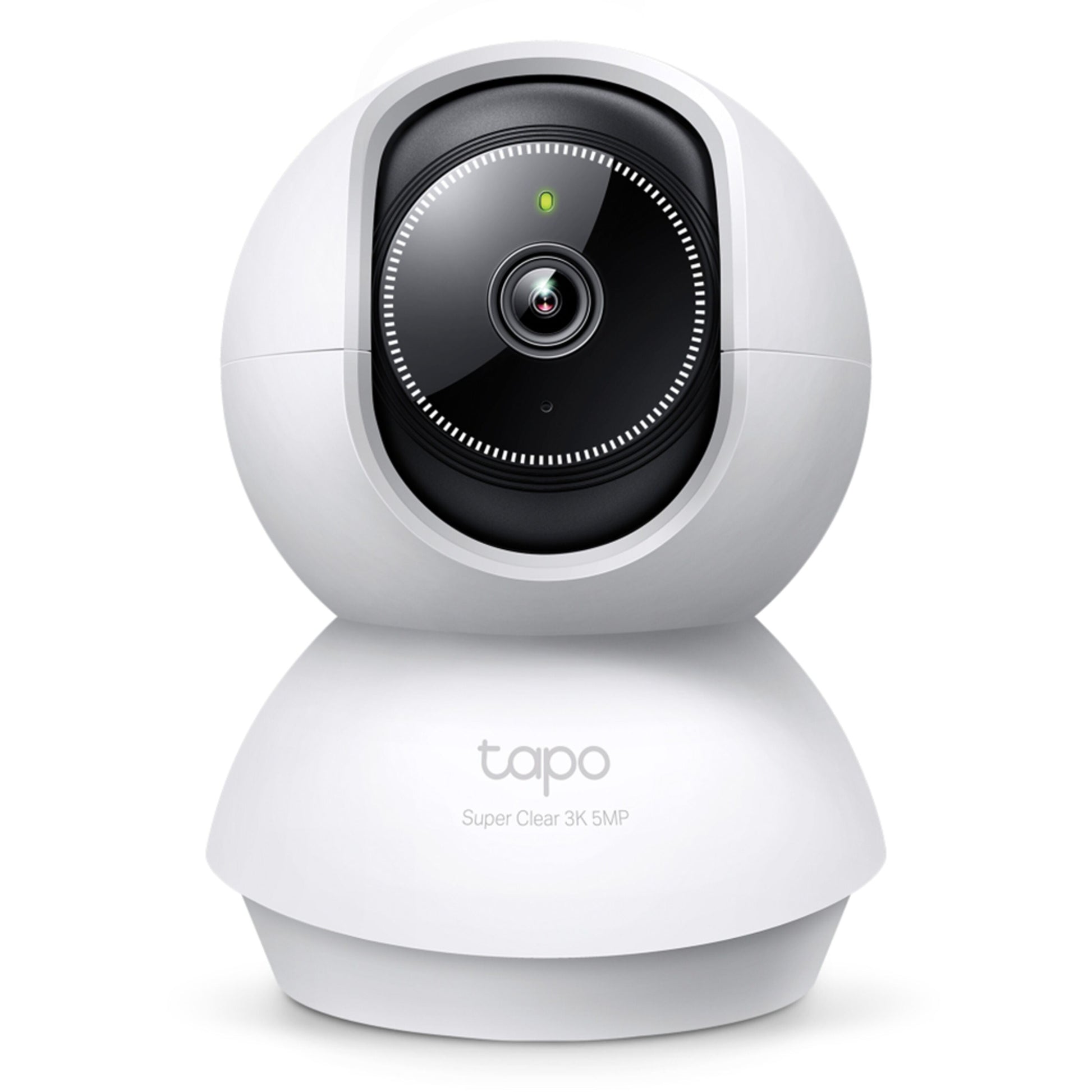 TP-Link Tapo C230 Pan/Tilt AI trådløst overvågningskamera med rund base, stor linse, indikatorlys og Tapo-logo 5MP 3K QHD.