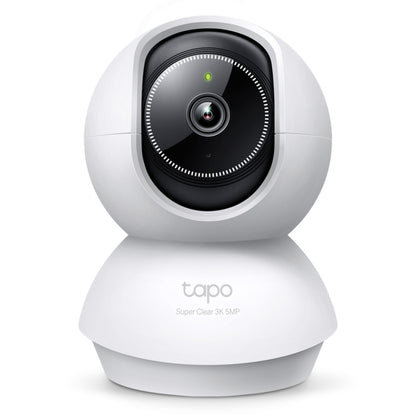 TP-Link Tapo C230 Pan/Tilt AI trådløst overvågningskamera med rund base, stor linse, indikatorlys og Tapo-logo 5MP 3K QHD.