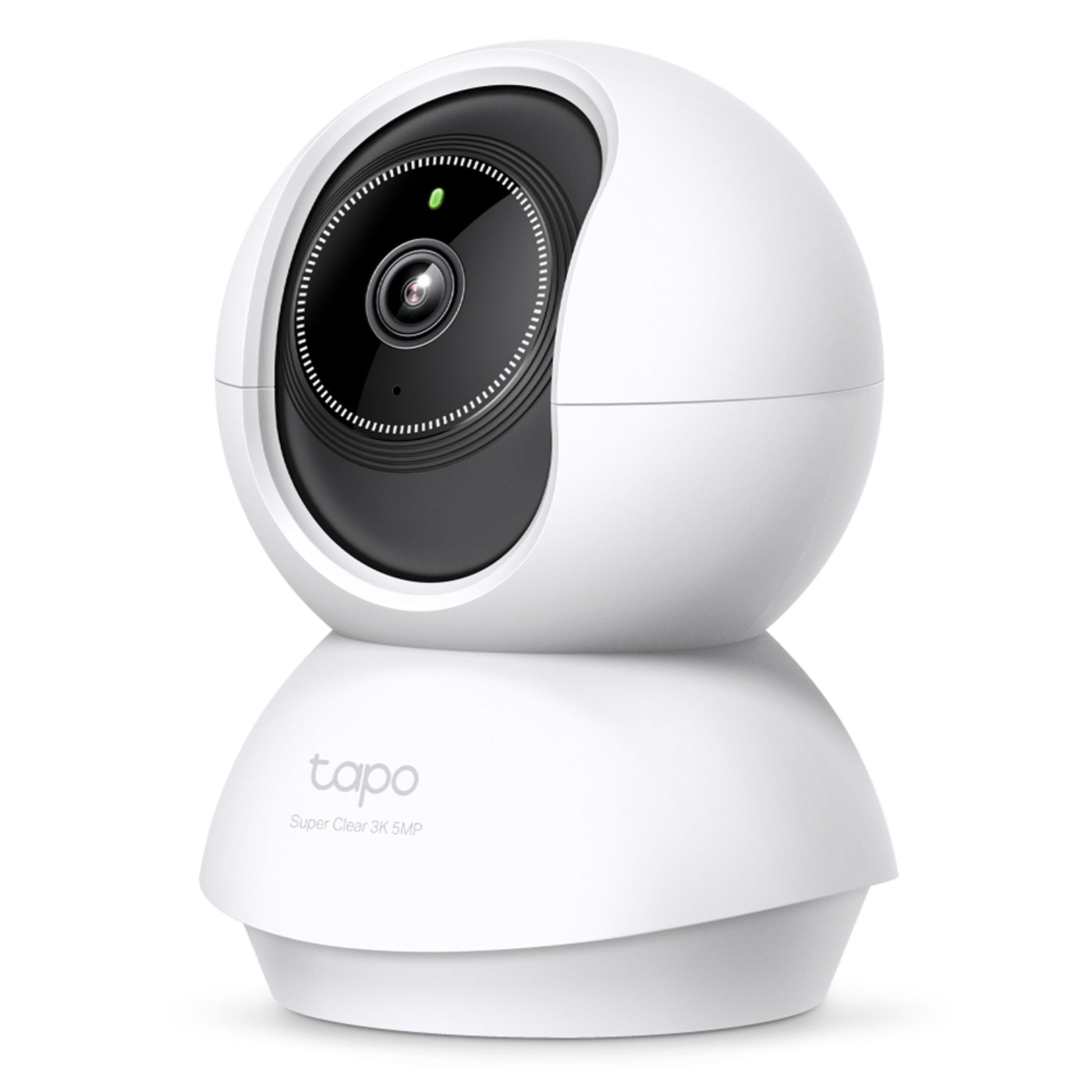 Tapo C230 pan/tilt AI trådløst overvågningskamera 3K QHD, sfærisk design, linse, "tapo Super Clear 3K 5MP" på basen.