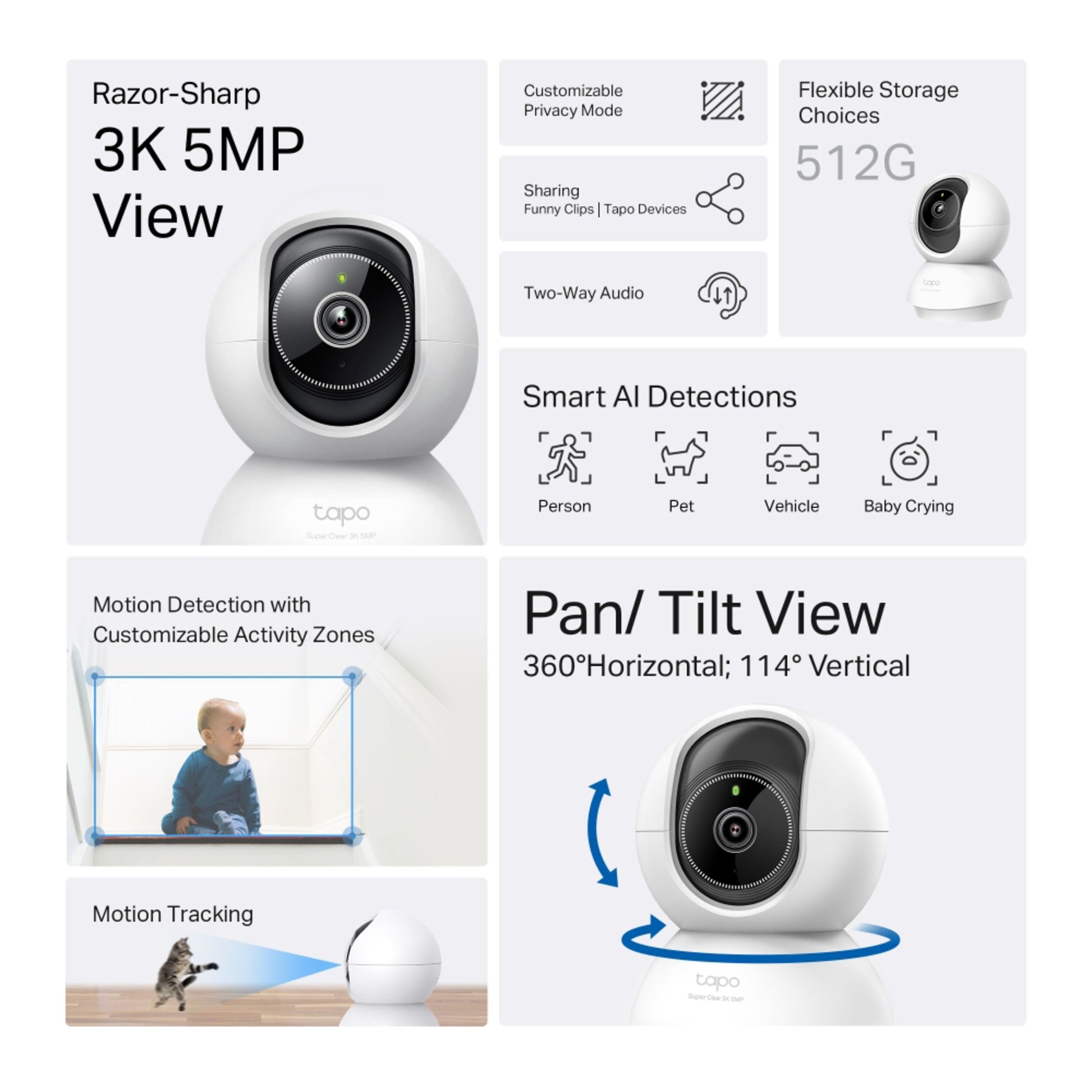 TP-Link Tapo C230 Pan/Tilt AI overvågningskamera 3K QHD 512GB lager to-vejs lyd person/kæledyrsdetektion bevægelsessporing.