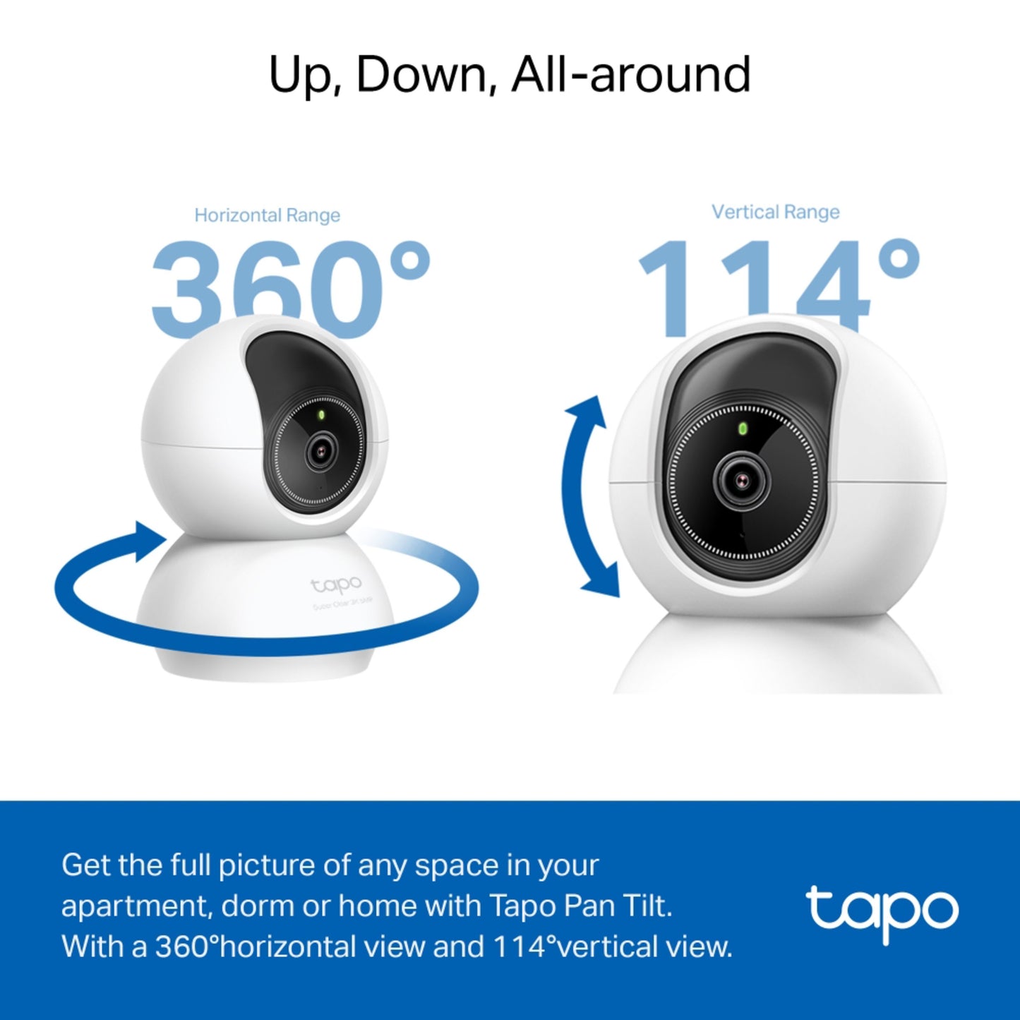 TP-Link Tapo C230 Pan/Tilt AI trådløs overvågningskamera 360° rotation pil og 114° tilt pil vises.