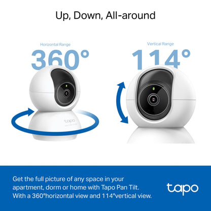 TP-Link Tapo C230 Pan/Tilt AI trådløs overvågningskamera 360° rotation pil og 114° tilt pil vises.