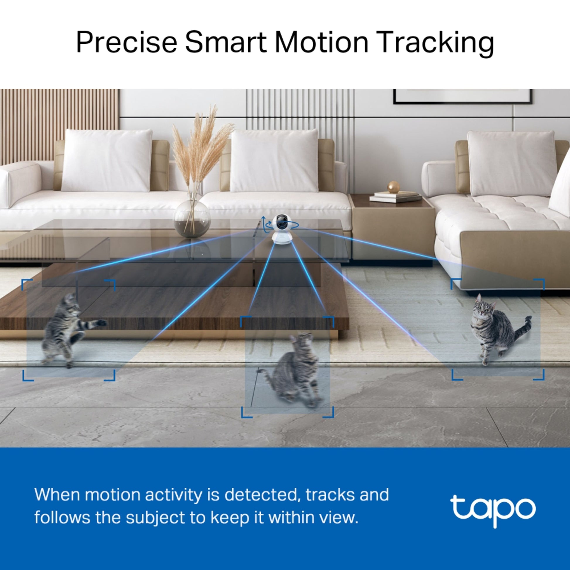 Tapo C230 Pan/Tilt AI trådløst overvågningskamera vises med blå synsfeltlinjer og tekst: Præcis smart bevægelsessporing.