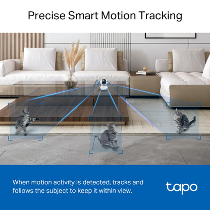 Tapo C230 Pan/Tilt AI trådløst overvågningskamera vises med blå synsfeltlinjer og tekst: Præcis smart bevægelsessporing.