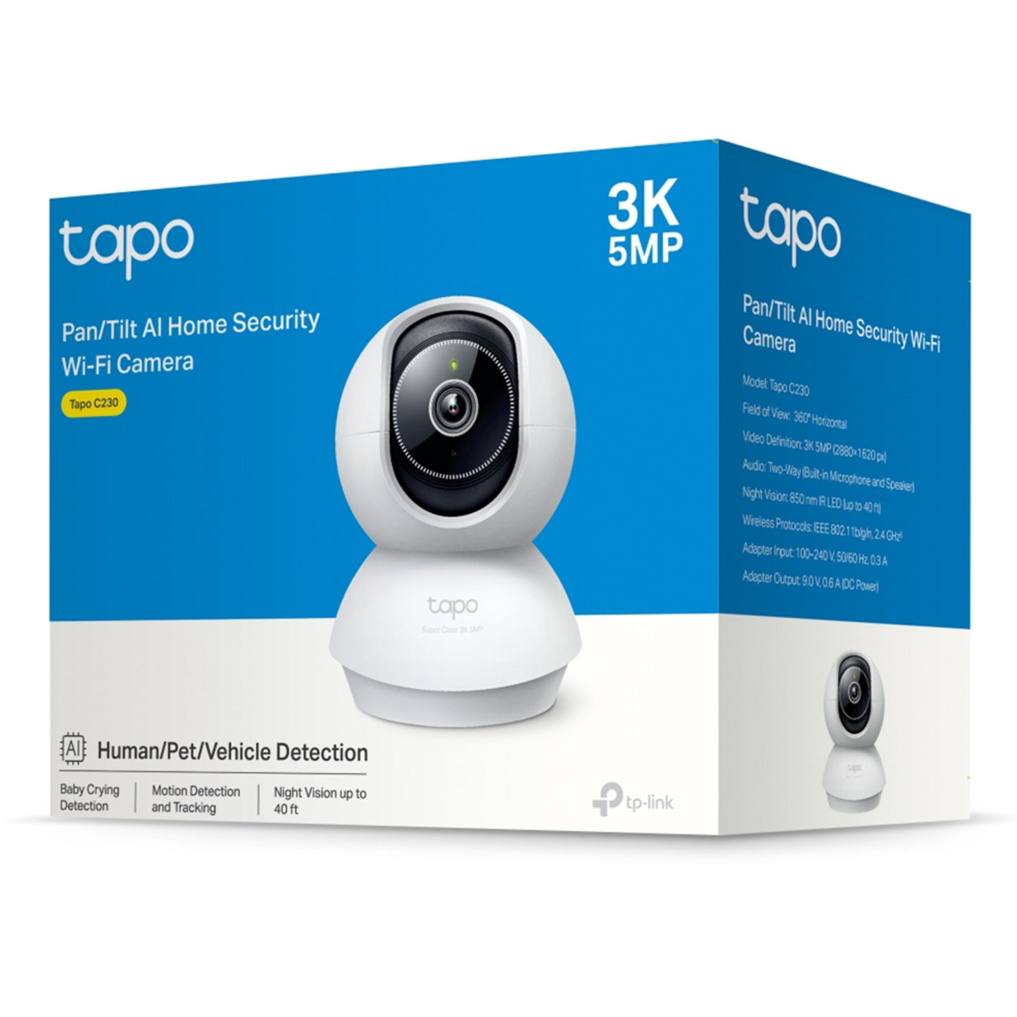 TP-Link Tapo C230 Pan/Tilt AI trådløst overvågningskamera 3K QHD registrering af mennesker, dyr, køretøjer, babygråd.