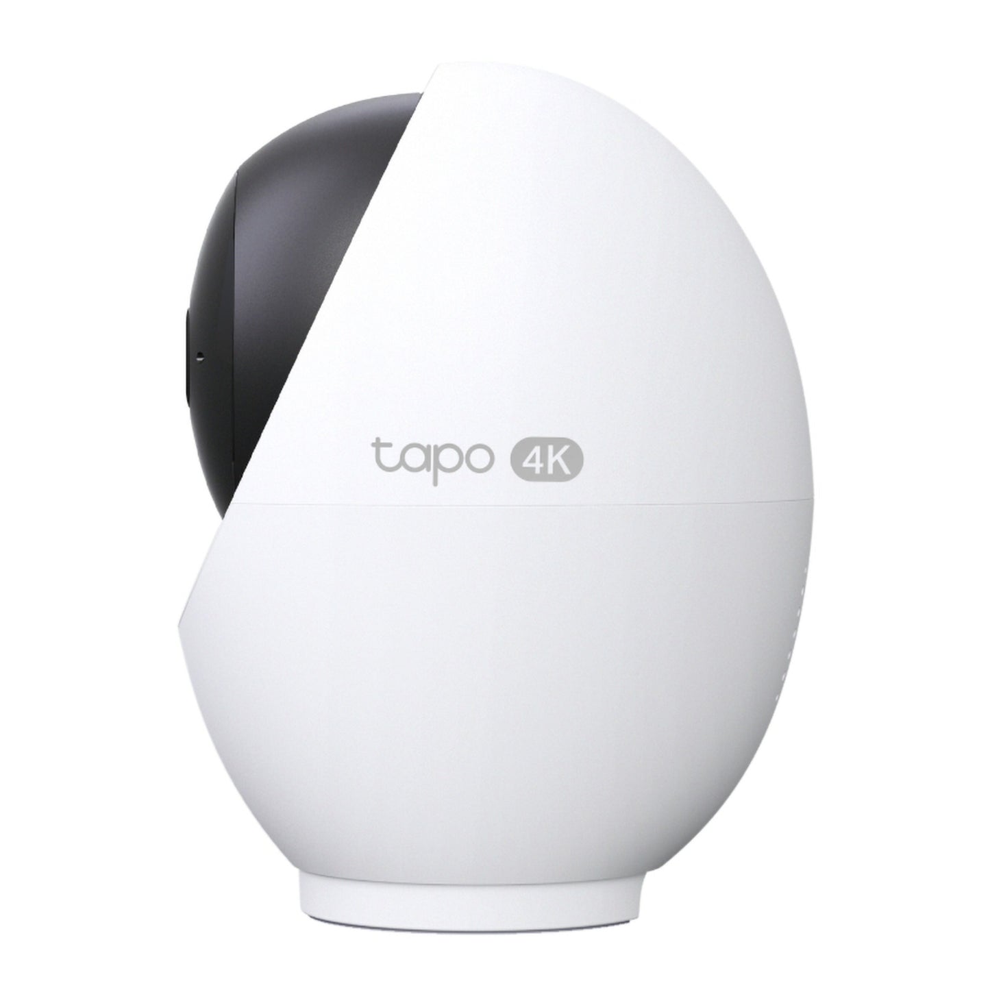 TP-Link Tapo C260 pan/tilt AI trådløst overvågningskamera, hvid æggeformet, 4K QHD, AI objektsporing, sort linse, sideview.