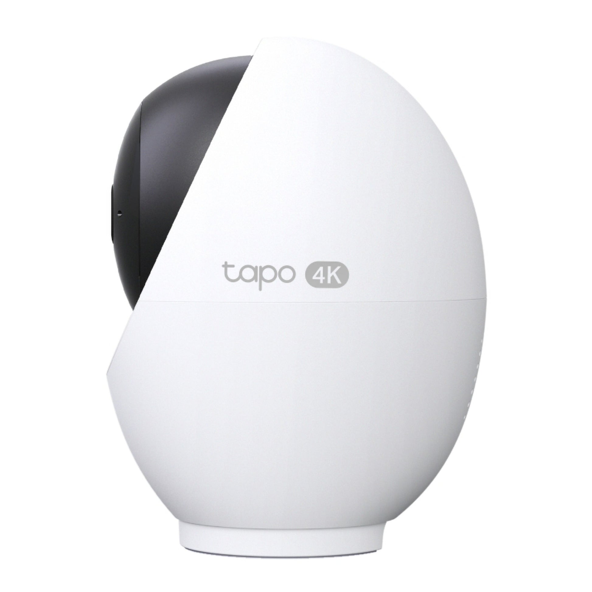TP-Link Tapo C260 pan/tilt AI trådløst overvågningskamera, hvid æggeformet, 4K QHD, AI objektsporing, sort linse, sideview.