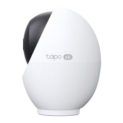 TP-Link Tapo C260 pan/tilt AI trådløst overvågningskamera, hvid æggeformet, 4K QHD, AI objektsporing, sort linse, sideview.