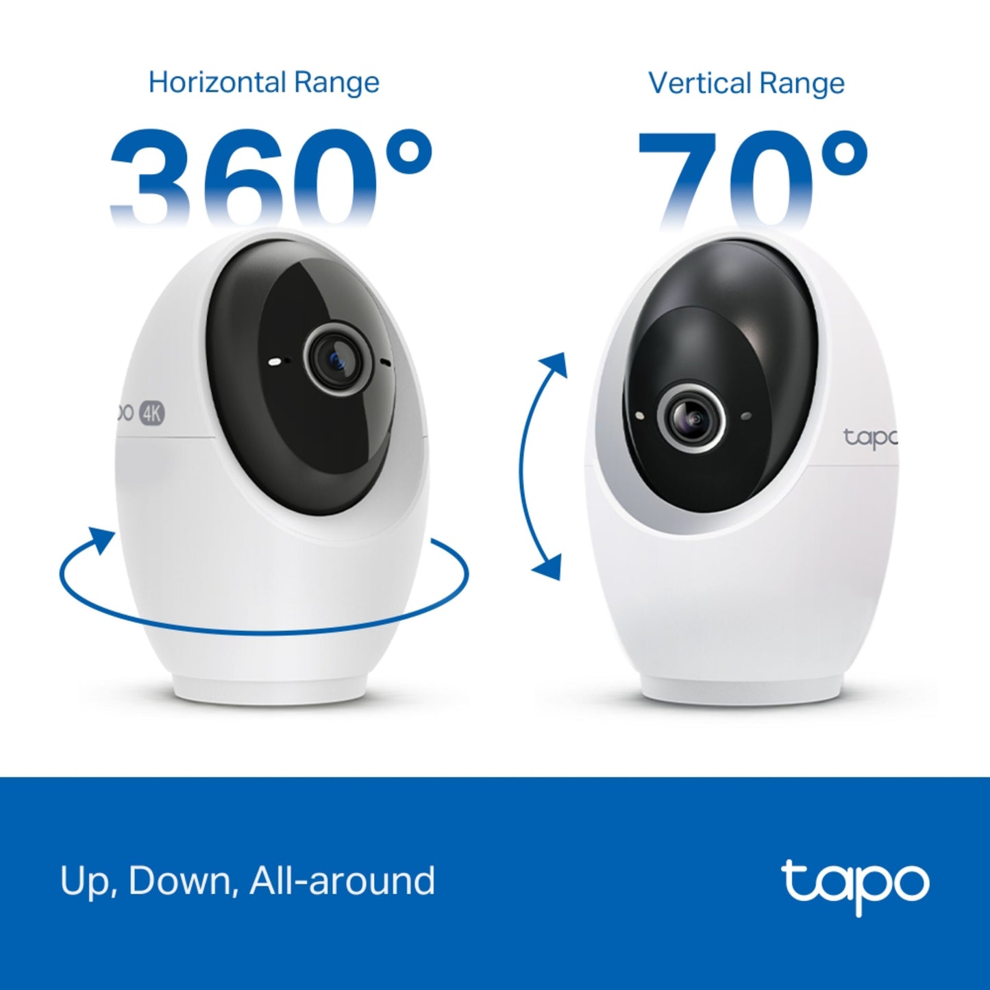TP-Link Tapo C260 pan/tilt AI overvågningskamera, én med 360° rotation, én med 70° vertikal tilt, TP-Link-logo.